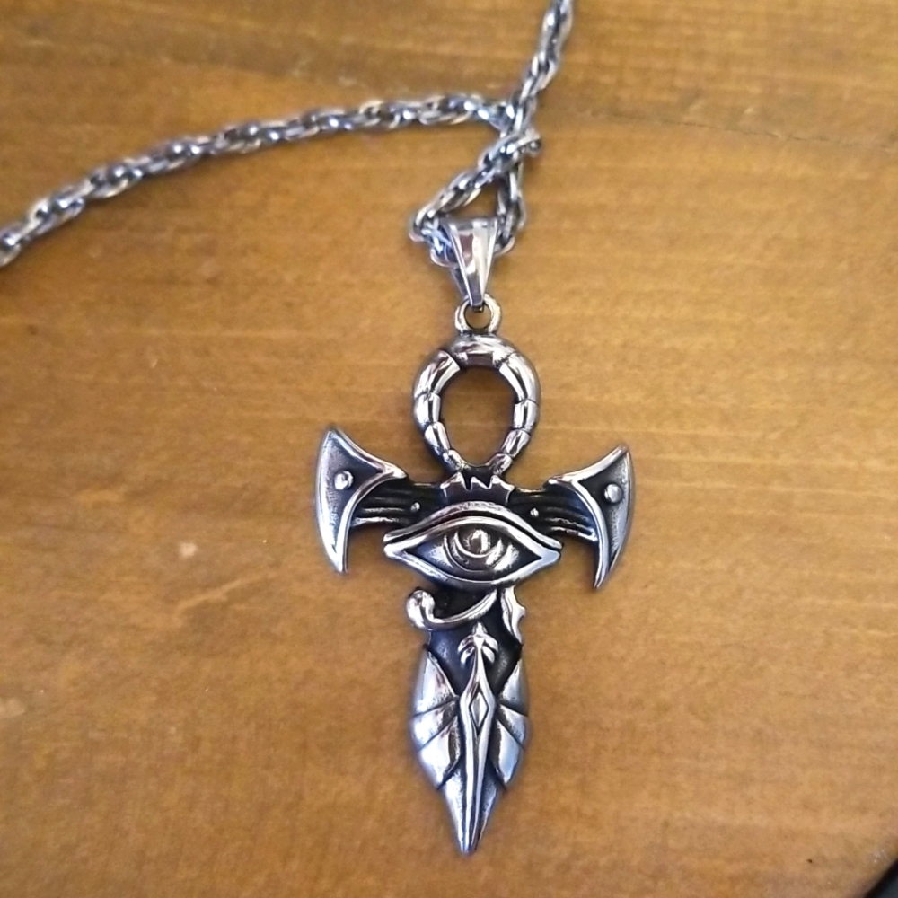 Stainless Steel Egyptian Eye Of Horus Ankh Sword Pendant Necklace 24" Chain